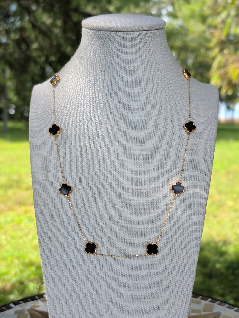 18K Yellow Gold Black Onyx Clover Station Necklace, 20"